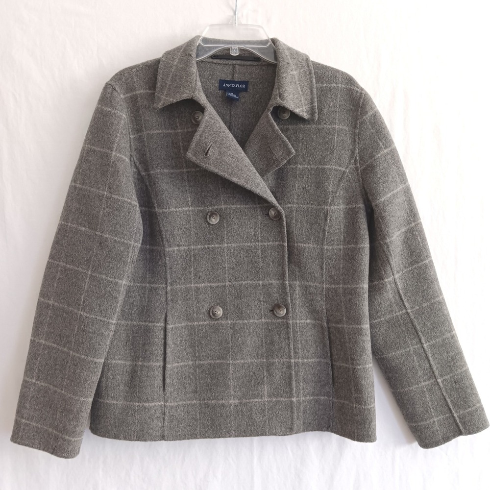 Ann Taylor Peacoat Women M Grey Wool Blend Windowpane Plaid Jacket Double-Breast